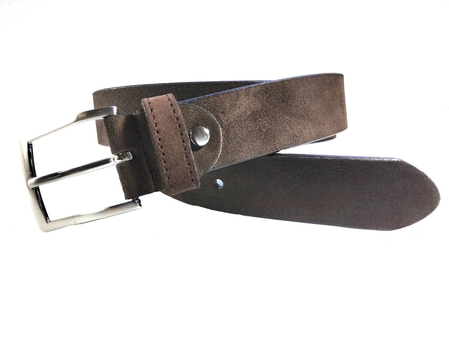 The Creaciones Corpas 3.5cm Nubuck Leather Belt, in brown with a silver Zamak buckle, is coiled and displayed on a white background.