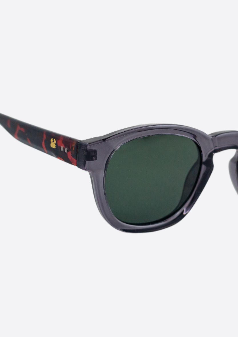 Close-up of the right side of Oceanides Atlas Crystal Gray Tortoise Sunglasses with green lenses and dark, marbled red temple accents, featuring small yellow and white decorative dots.