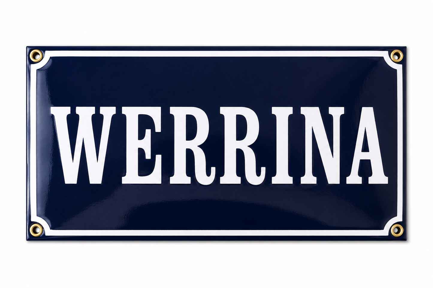 A blue and white rectangular Enamel House Number sign with gold corners from Luis Filipe displays the word "WERRINA" in bold, capital letters, reminiscent of a vintage enamel sign crafted with Portuguese craftsmanship.