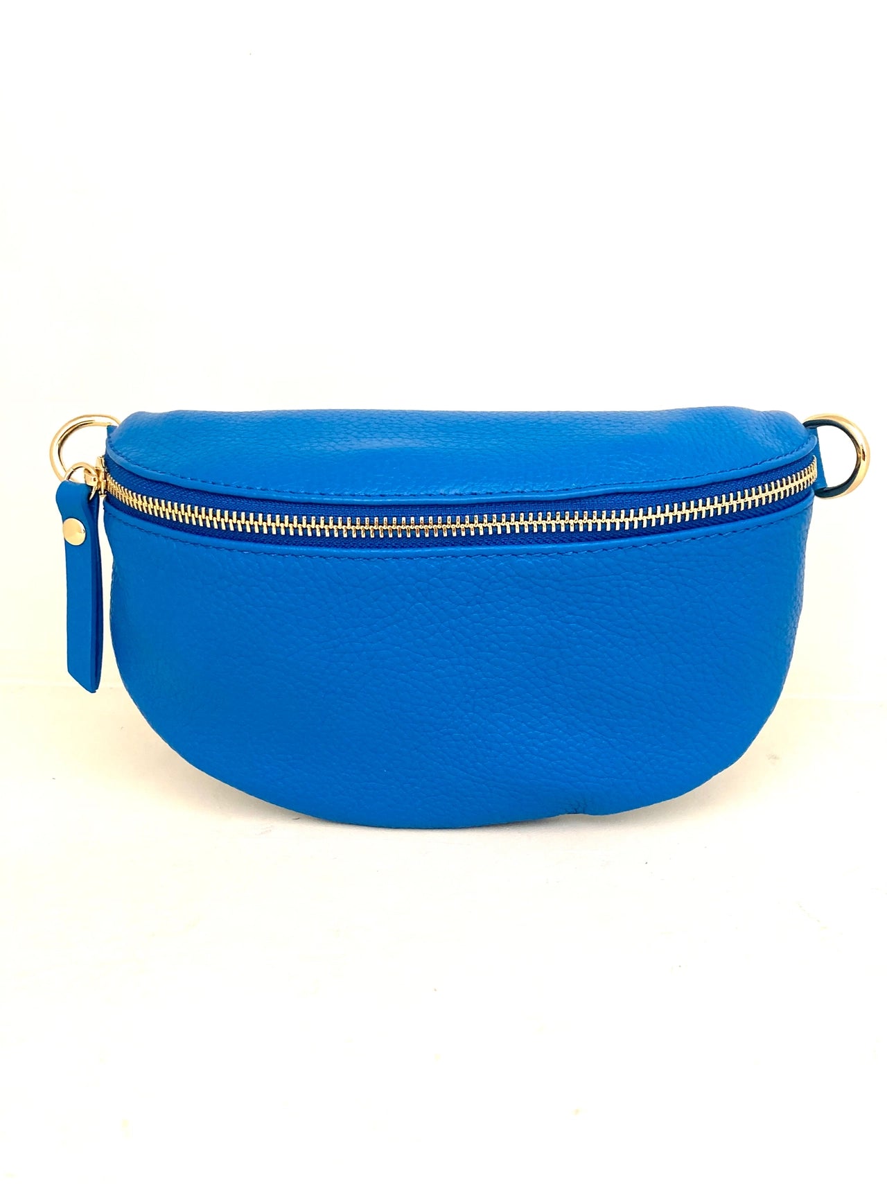 Blue waist bag with gold zipper on a white background