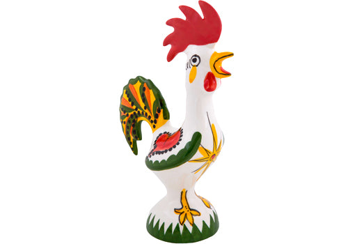 The Leiria Green Rooster by Barcelos Imports features a colorful ceramic design with a red comb, yellow and green patterns, an open beak, and stands on a round green-accented base—a vibrant symbol of Portuguese good luck.
