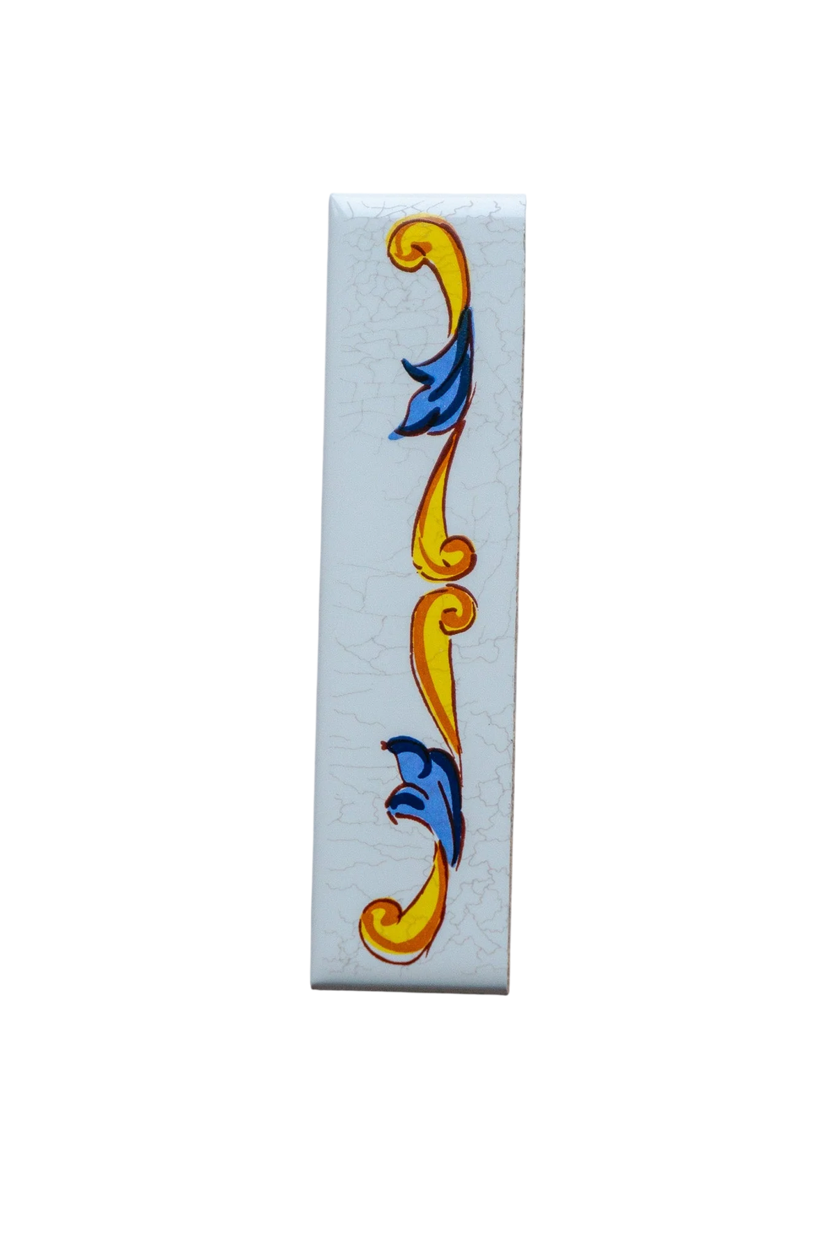 Rectangular, handcrafted in Spain Lisa Croquets Numbers – Ceramic House Number Tiles with a white crackle finish featuring a vertical yellow and blue scrolling vine design.
