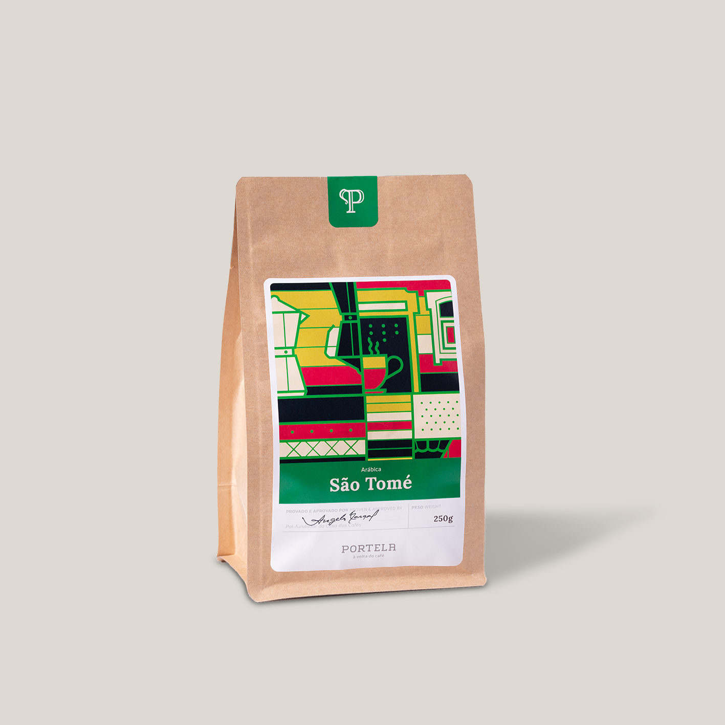 A brown paper coffee bag labeled “São Tomé” with a colorful abstract design from Iberica - Pretty things from Portugal, featured in the Lisbon Essentials Box—perfect for gifting or pairing with Portuguese socks.