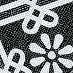 The Terra Lusa Portuguese Stone "Pavement" Eco Shopper showcases a black and white mosaic with geometric shapes, bold diagonal lines, loops, and an eight-petal flower on a textured grid – inspired by classic Portuguese stone pavement.