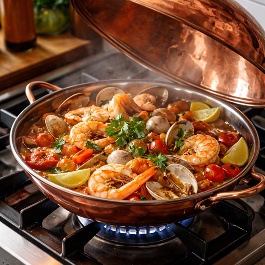 Copper cataplana cooking seafood with prawns and clams on a gas stove in a traditional kitchen