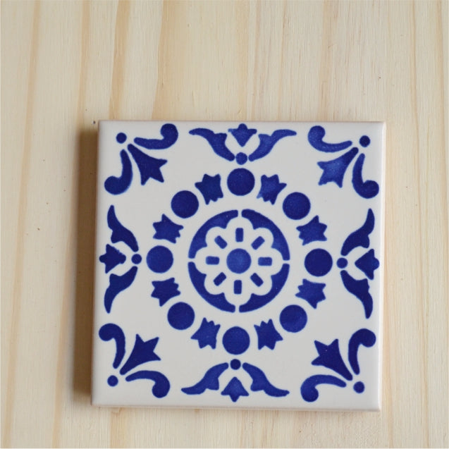Hand painted tile with cobalt blue design