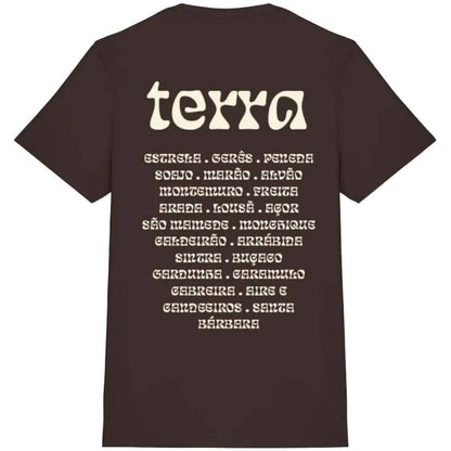 The Terra T-Shirt by Futah features "terra" in bold cream text on the back, with a list of Portuguese towns below—ideal for fans of classic Portugal graphic tees.