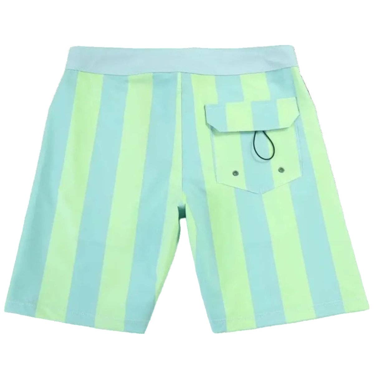 Introducing the Collab 38graus Boardshorts by Futah—a pair of men’s swim shorts in light blue and green vertical stripes, featuring a back pocket with a flap and black loop, inspired by the effortless style of Portuguese beachwear.