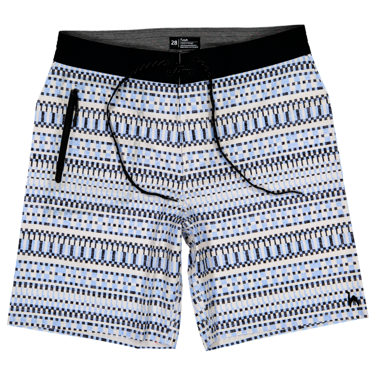 The Cacela Blue Boardshorts by Futah feature a blue, black, and white pattern inspired by the Portuguese coast. Designed with a drawstring waist and zippered side pocket, these men’s swim shorts are displayed flat on a white background.