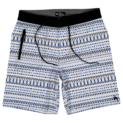 The Cacela Blue Boardshorts by Futah feature a blue, black, and white pattern inspired by the Portuguese coast. Designed with a drawstring waist and zippered side pocket, these men’s swim shorts are displayed flat on a white background.