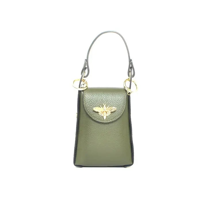 Green handbag with a gold bee emblem on a white background