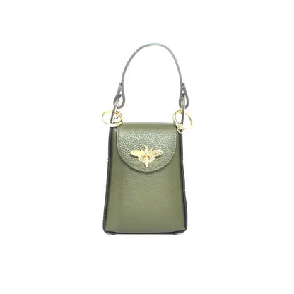Green handbag with a gold bee emblem on a white background