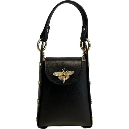 Bee bag in black genuine leather, front view on white background.