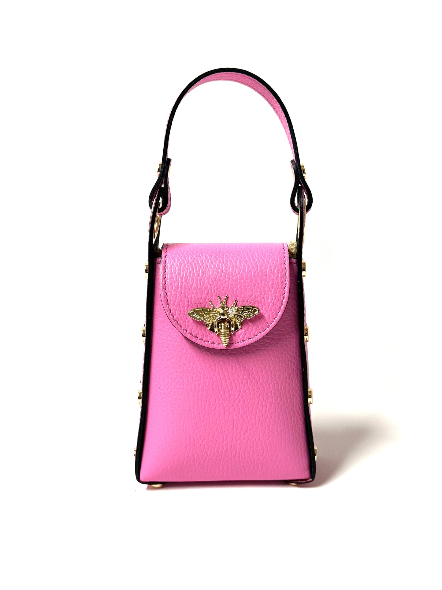 Bee Crossbag in candy pink genuine leather, front view on white