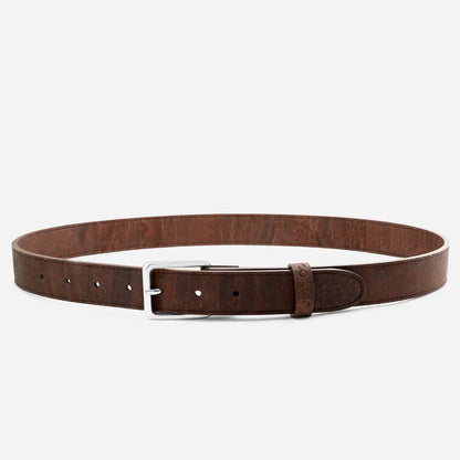 The Corkor Womens Cork Belt – 30mm with Silver Buckle is displayed flat in a circle on a white background, presenting an eco-conscious alternative to traditional leather belts.