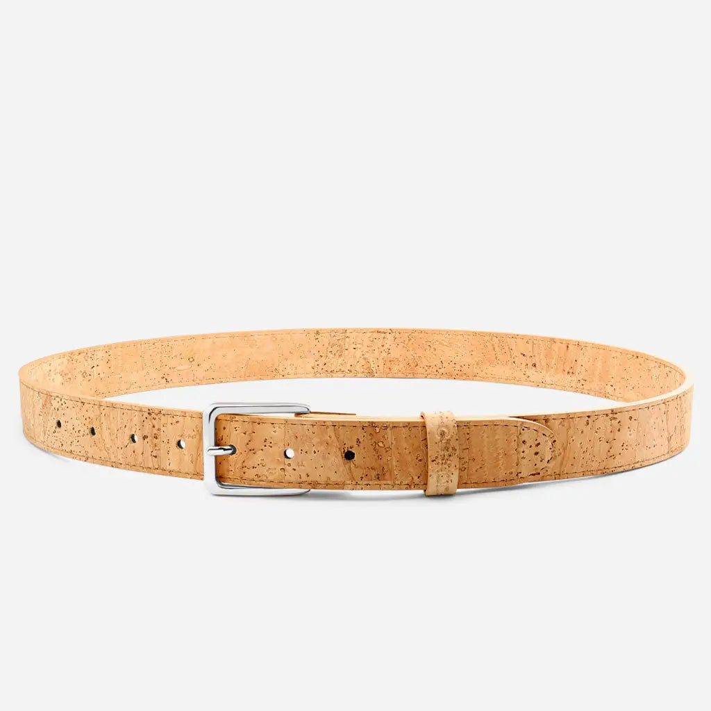 The Corkor Womens Cork Belt – 30mm with Silver Buckle is an eco-friendly, light tan belt shown in a circular shape against a plain white background.