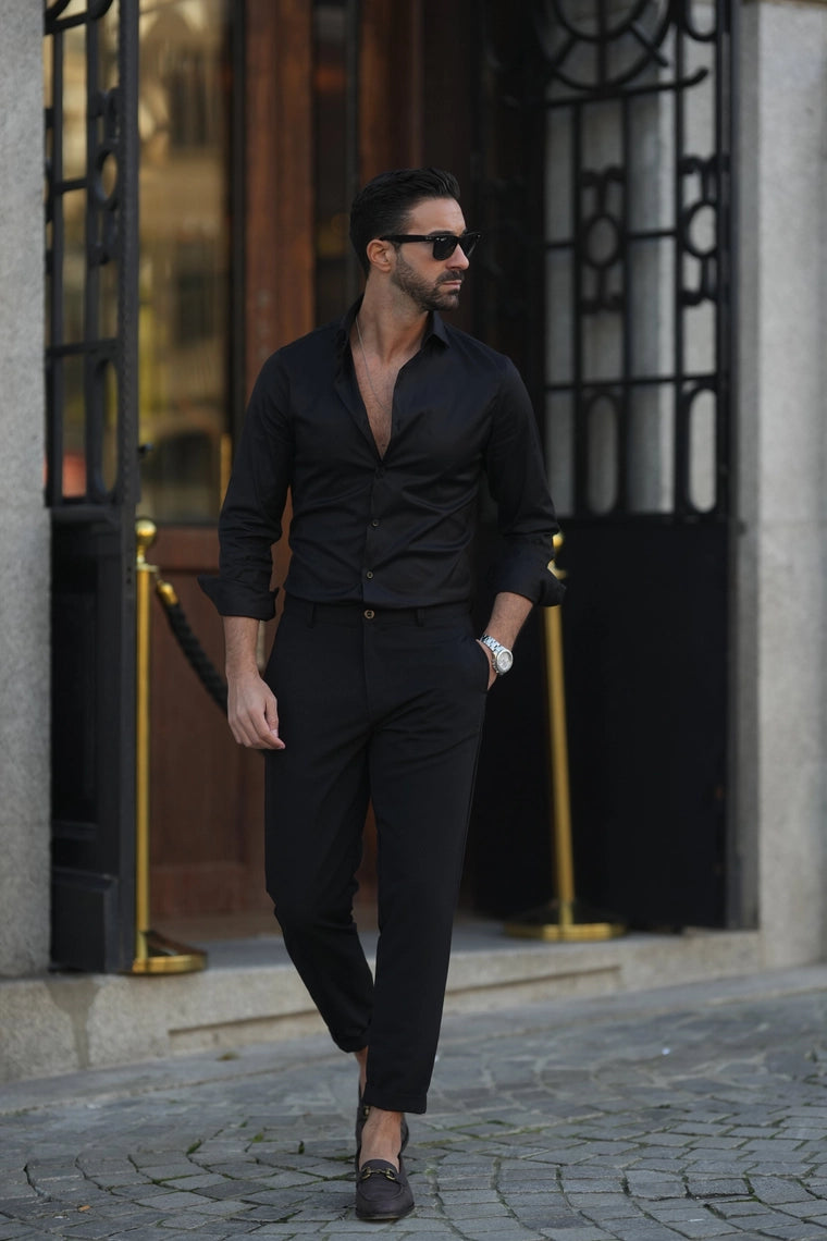 Black Elastic Slim Fit Shirt