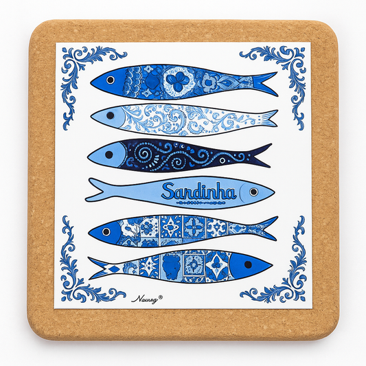 A square cork coaster by Iberica - Pretty things from Portugal, featuring six blue-patterned sardines and "Sardinha" text, makes a charming accent for your cheese board or Sardine sampler kit #1 display.