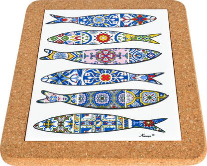 The Sardines Cheese Board by Barcelos Imports features a cork-backed tile with six vibrant, intricately patterned fish inspired by traditional Portuguese ceramics—perfect as a unique accent or cheese board.