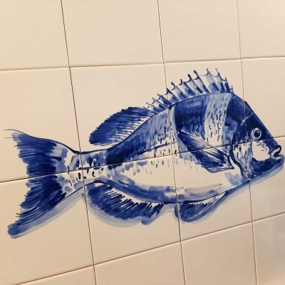 Portuguese Tile Mural, Fish, hand painted in cobalt blue