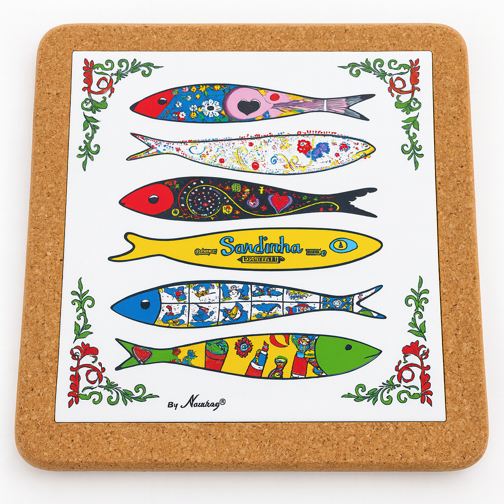 The Sardine sampler kit #1 by Iberica – Pretty things from Portugal features a cork-backed tile with six uniquely designed illustrated sardines, floral border, and “Sardinha” text—perfect as a cheese board or serving with Portuguese canned sardines.