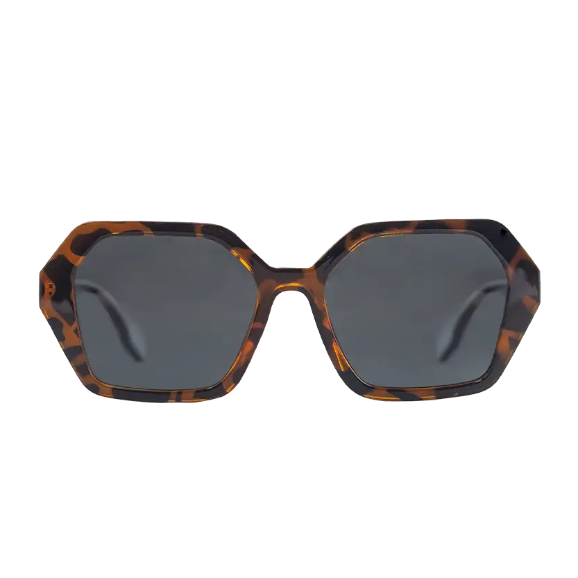 The Oceanides Coral Dark Havana Sunglasses feature an oversized geometric design with a tortoiseshell brown and black acetate frame and dark grey polarized lenses, shown front-facing against a white background.