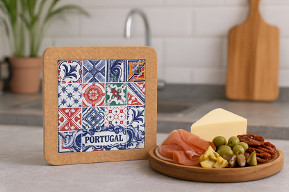 An MB Cork Cork Trivet with Portuguese Azulejo Print (L851) and "Portugal" text stands by a plate of cheese, cured meats, green olives, and pickled vegetables on the counter next to decorative cork coasters.