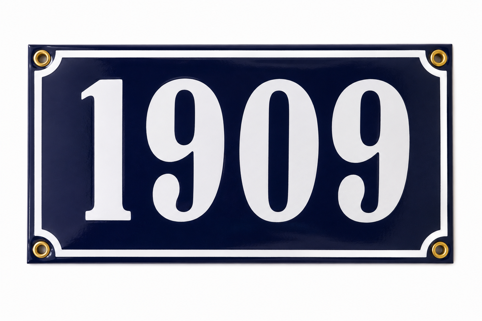 A handmade navy blue rectangular Enamel House Number sign by Luis Filipe, crafted in Portugal, featuring the bold white numbers "1909" and finished with four gold rivets in each corner.