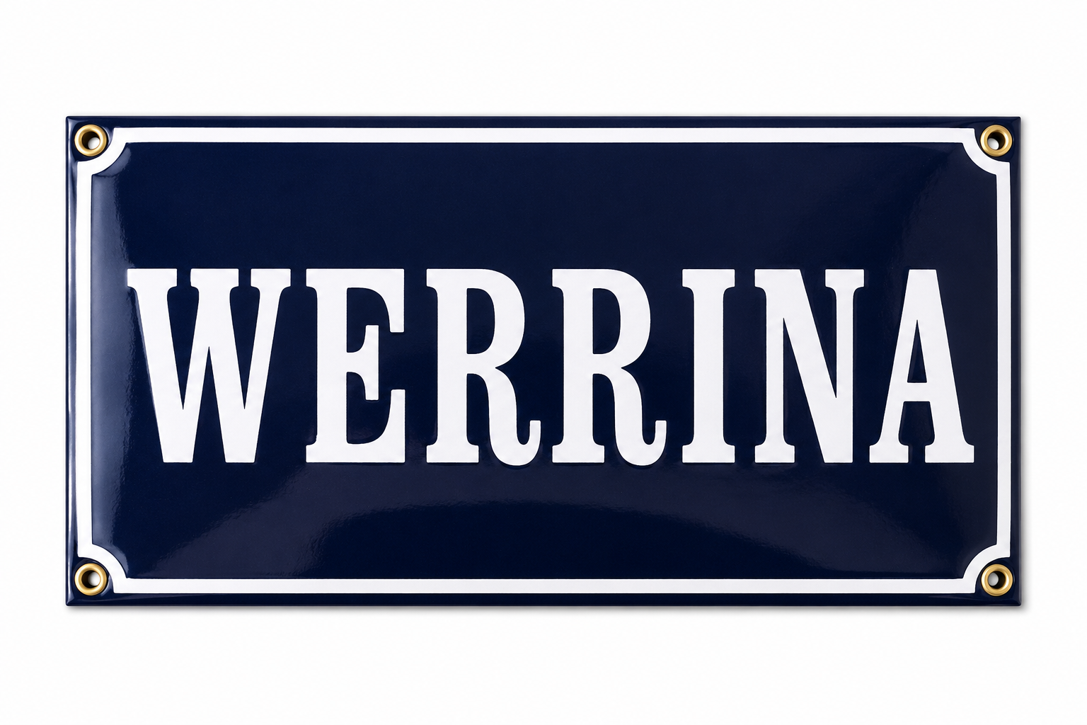 A blue and white rectangular Enamel House Number sign with gold corners from Luis Filipe displays the word "WERRINA" in bold, capital letters, reminiscent of a vintage enamel sign crafted with Portuguese craftsmanship.