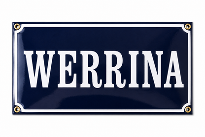A blue and white rectangular Enamel House Number sign with gold corners from Luis Filipe displays the word "WERRINA" in bold, capital letters, reminiscent of a vintage enamel sign crafted with Portuguese craftsmanship.