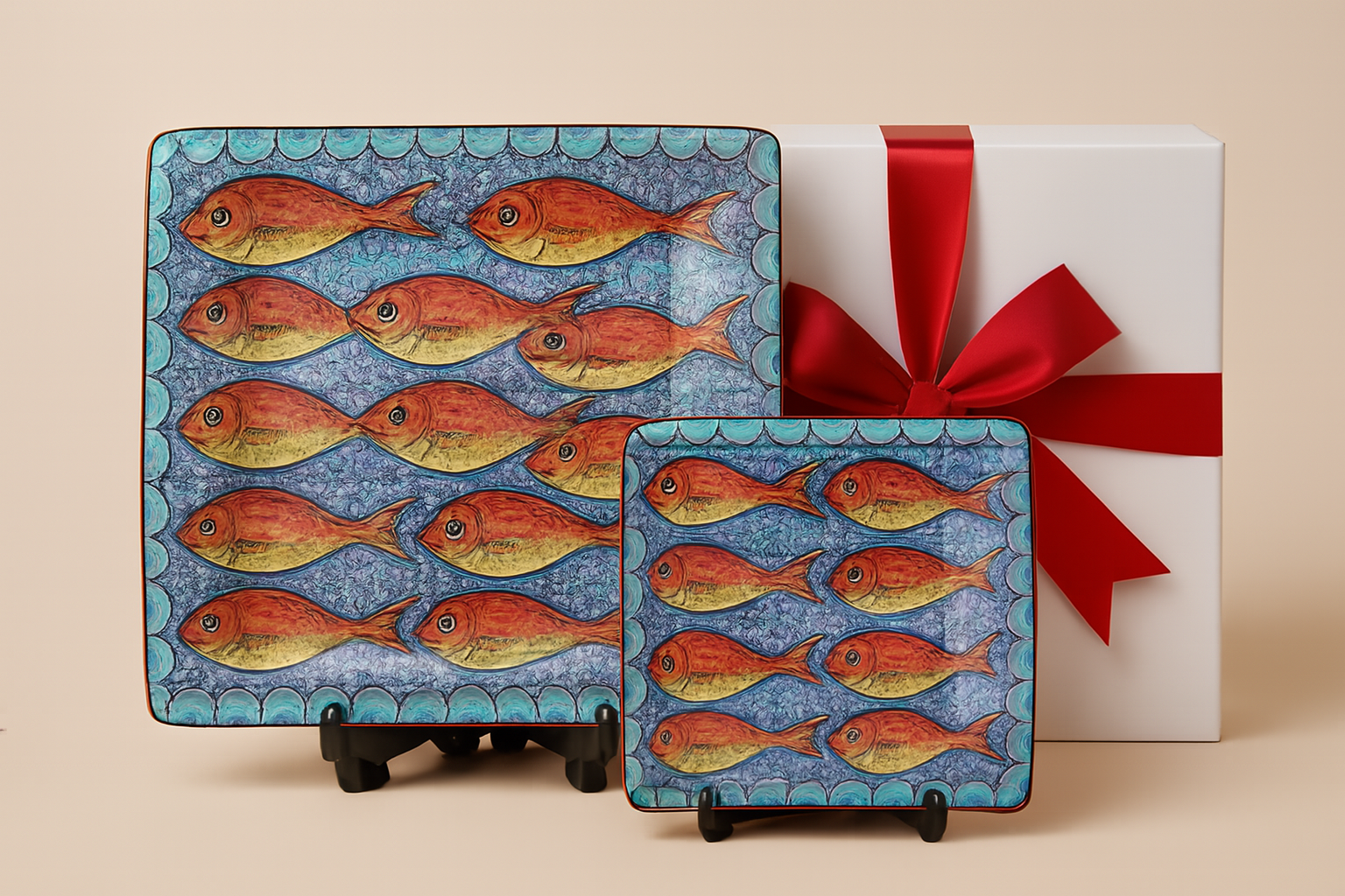 The Fishes serving set by Iberica - Pretty things from Portugal includes two hand-painted terracotta plates with red and yellow fish on blue, displayed before a white gift box with a big red ribbon against a beige background.