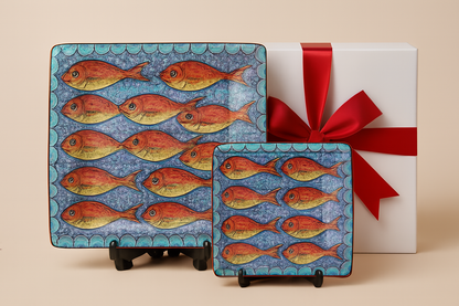 The Fishes serving set by Iberica - Pretty things from Portugal includes two hand-painted terracotta plates with red and yellow fish on blue, displayed before a white gift box with a big red ribbon against a beige background.