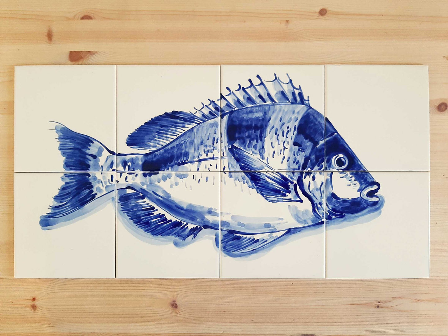 Portuguese Tile Mural, Fish, hand painted in cobalt blue