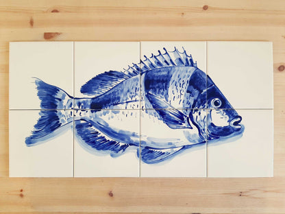 Portuguese Tile Mural, Fish, hand painted in cobalt blue