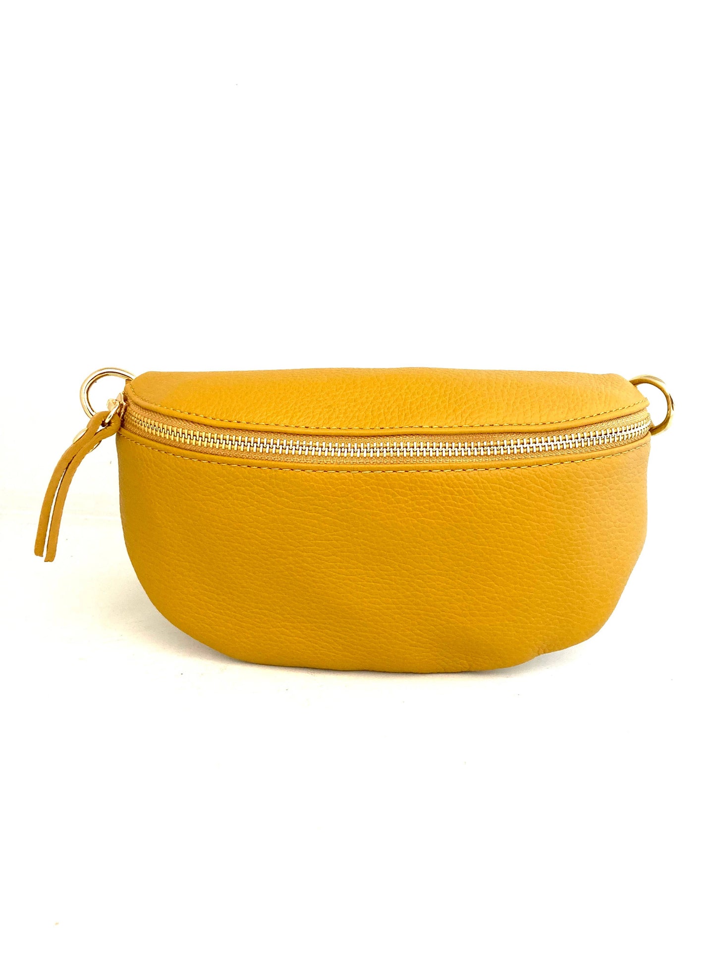 Cassette fanny pack/crossbody in yellow Italian leather with gold zip and matching strap, front view on white.