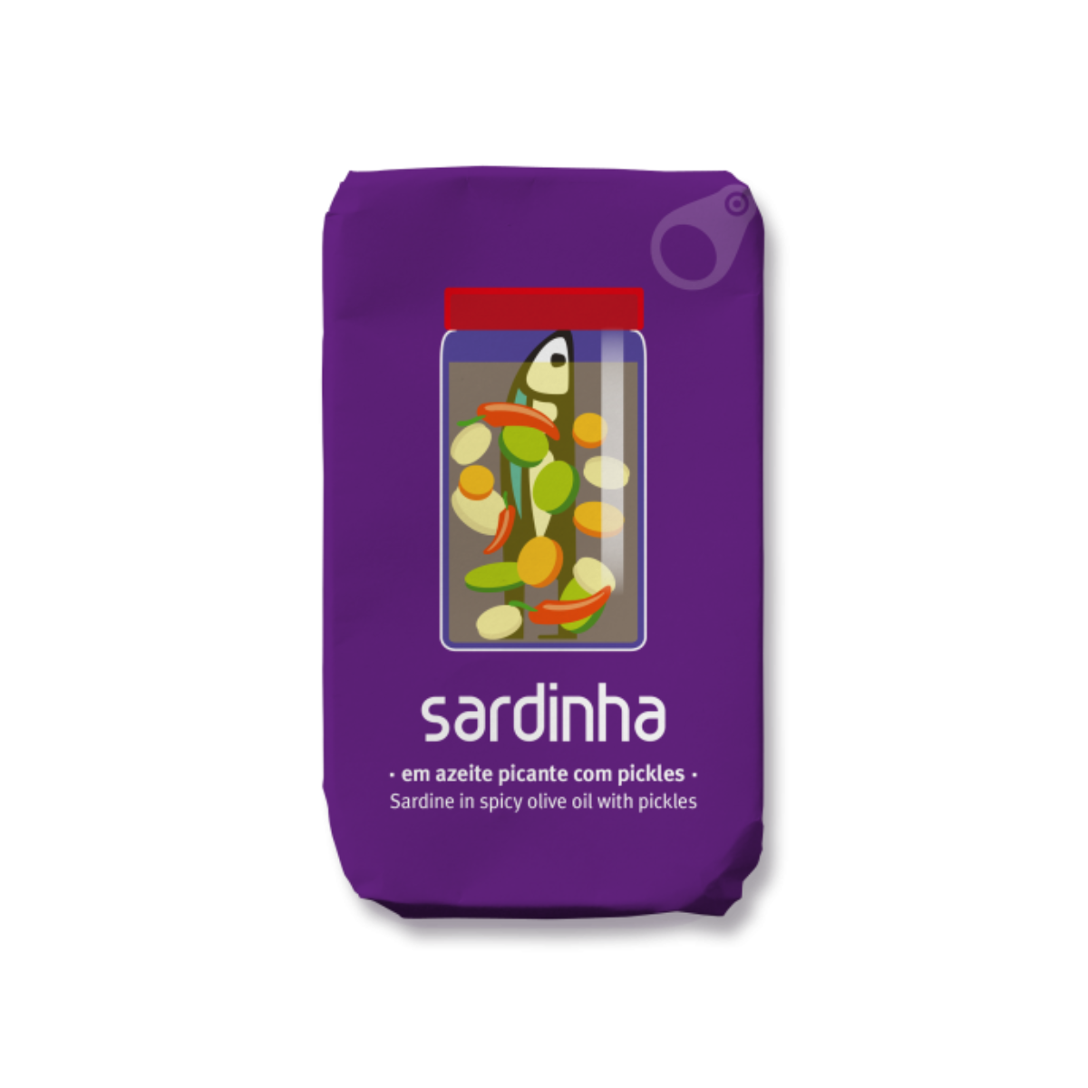 A purple Iberian sampler kit - Coral tin from Iberica features Portuguese sardines in spicy olive oil with pickles (em azeite picante com pickles), illustrated with sardines and pickles—a tasty treat from Pretty things from Portugal.