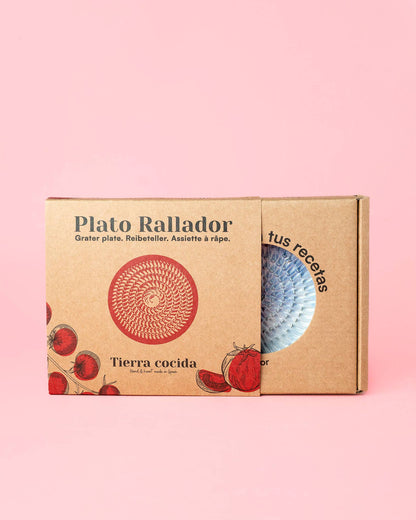 The Handmade Ceramic Grater Plate Small / Alcazaba by Alfar Tierra Cocida comes boxed—a blue and white artisan piece, perfect as a thoughtful kitchen gift.