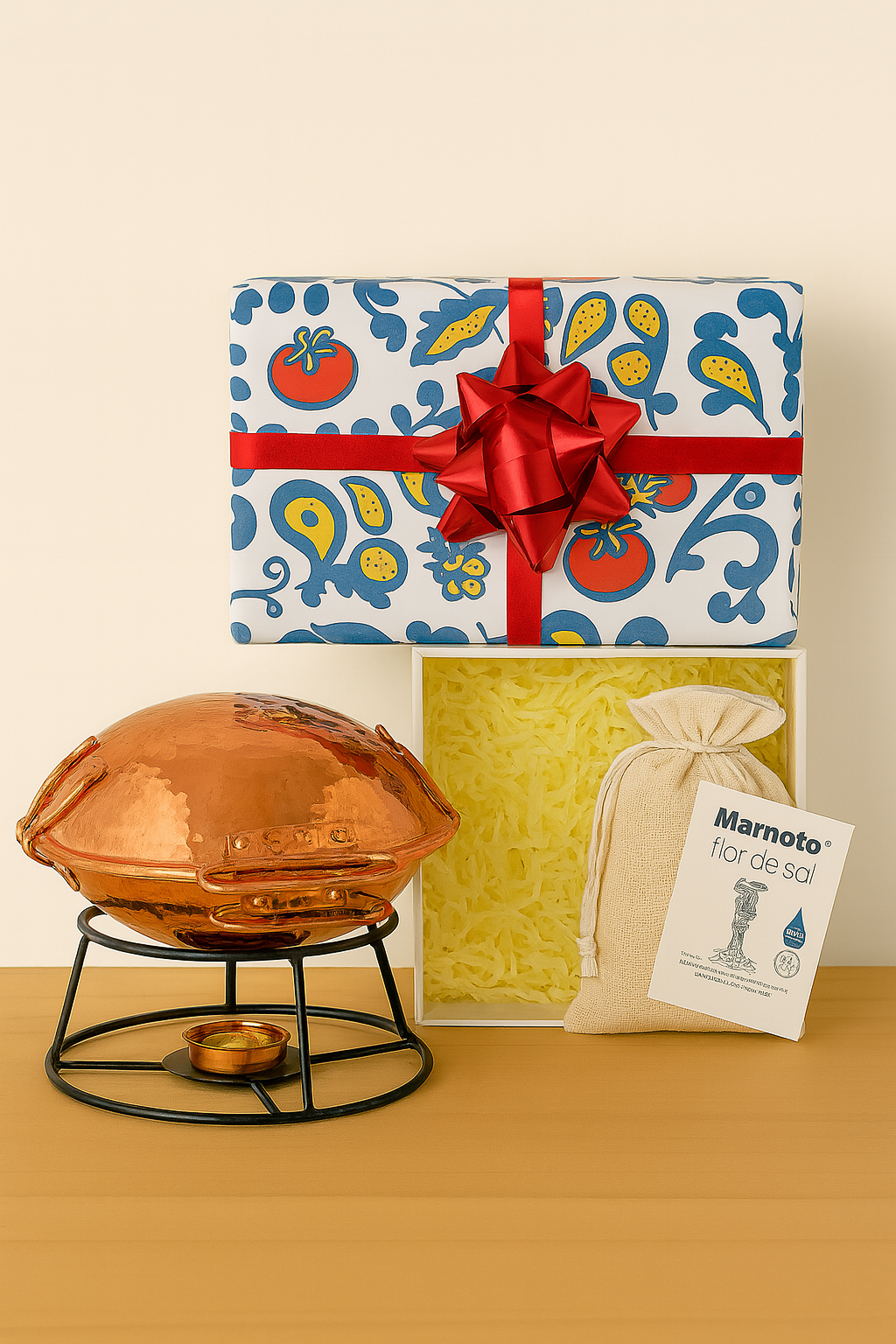 The Iberica Cataplana Starter Kit gift set includes a copper roasting pan on a stand, Marinho flor de sal, yellow paper filler, and comes in a decorative box with a red bow—perfect for exploring Portuguese cooking.