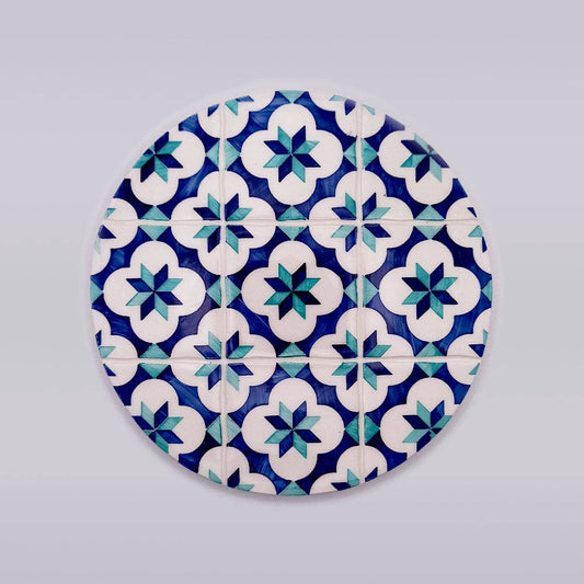 ceramic trivet with blue and green motif