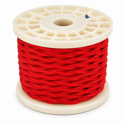Red braided textile electrical cable for custom pendant lighting, designed for handcrafted enamel pendant lamps and decorative lighting installations.