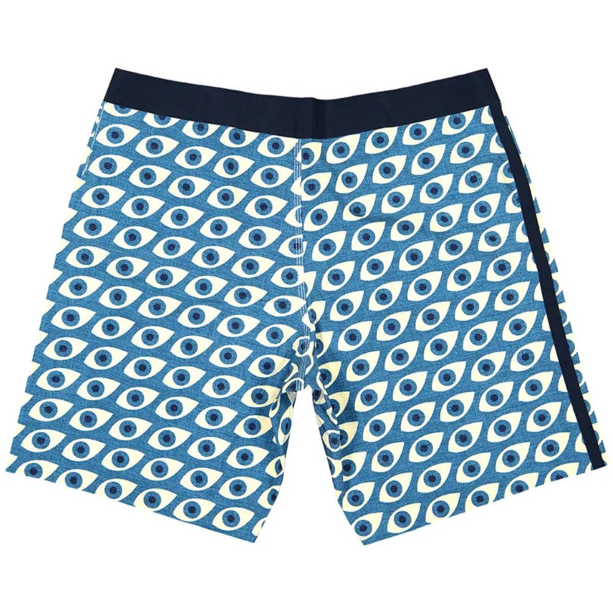 Blue and white eye print detail on Futah Daintree Blue boardshorts swimwear.