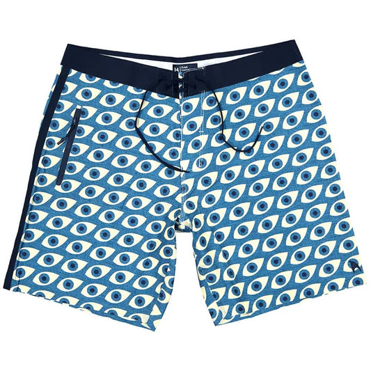 Futah Daintree Blue men's boardshorts with blue and white eye print