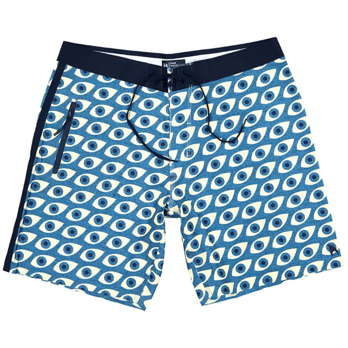 Futah Daintree Blue boardshorts with black waistband, drawstring and zipped pocket