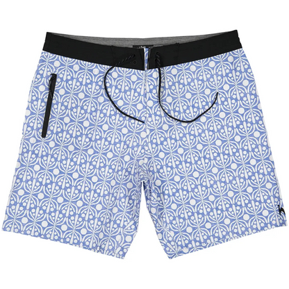 Futah Flora Blue men's boardshorts with blue and white geometric print and black waistband