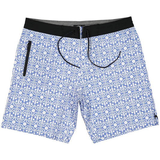 Futah Flora Blue men's boardshorts with blue and white geometric print and black waistband