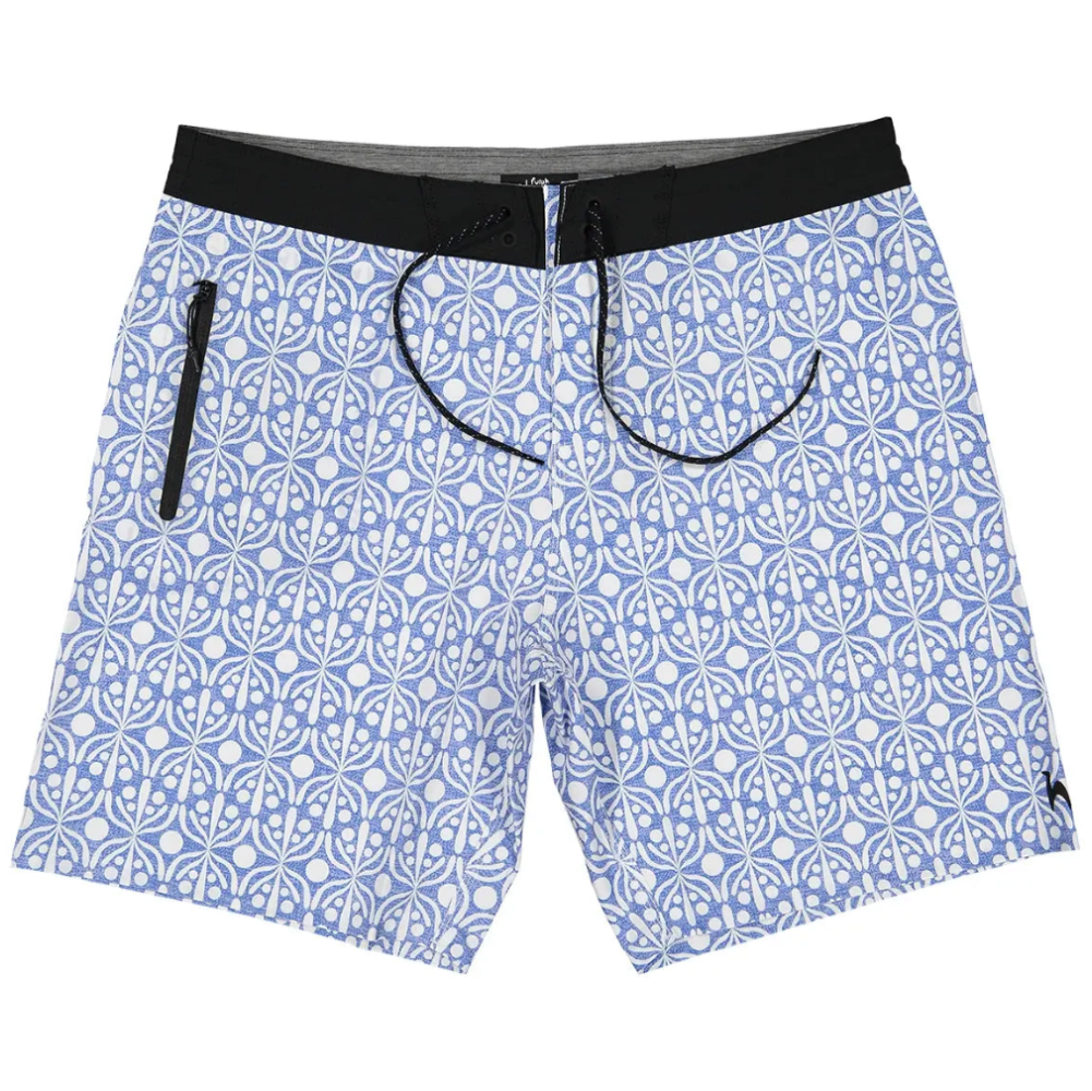 Futah Flora Blue boardshorts with black drawstring, waistband and zipped side pocket