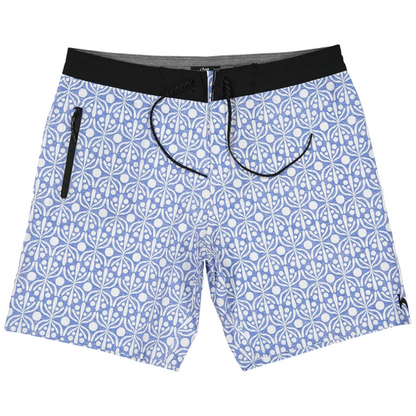 Futah Flora Blue boardshorts with black drawstring, waistband and zipped side pocket