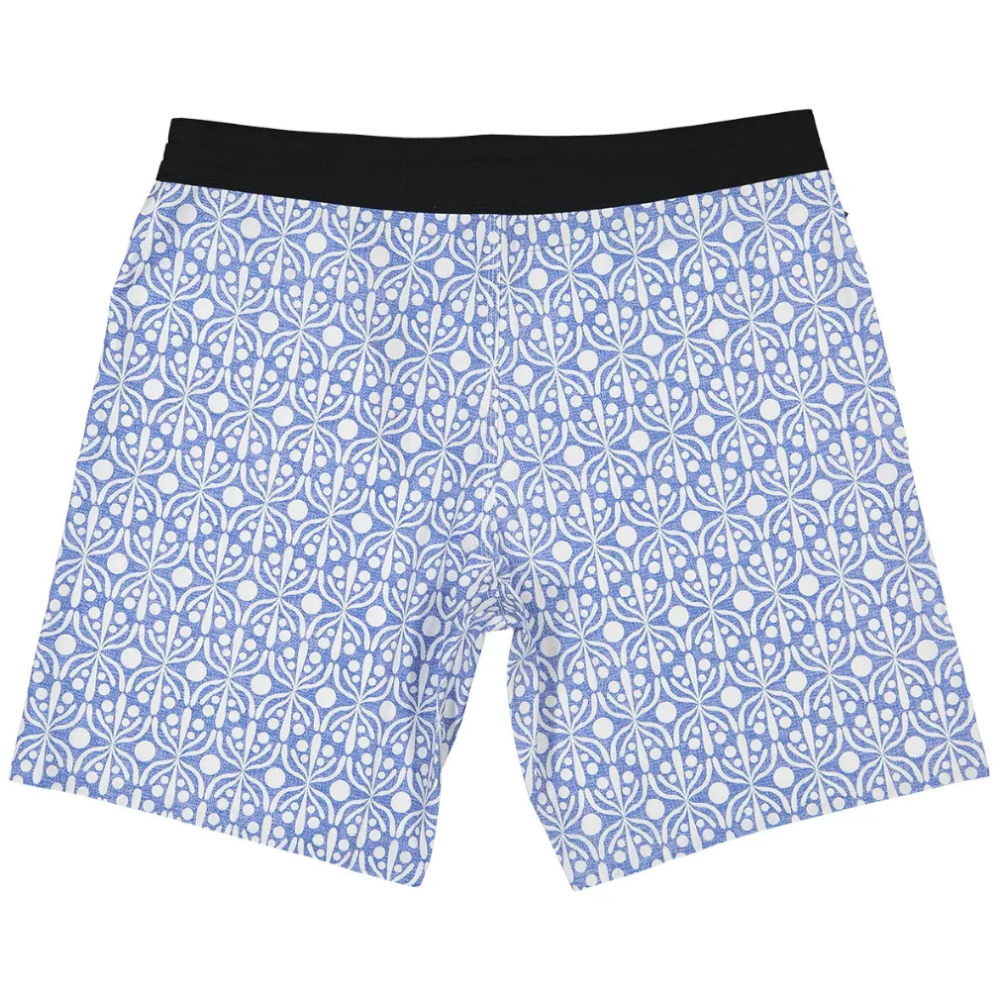 Futah Flora Blue men's swim shorts with blue and white geometric pattern