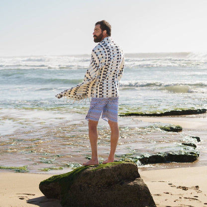 Pattern detail on Futah Guincho Blue men's boardshorts made in Portugal