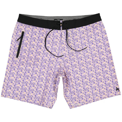Futah Vortex Mocha men's boardshorts with violet geometric print and black waistband